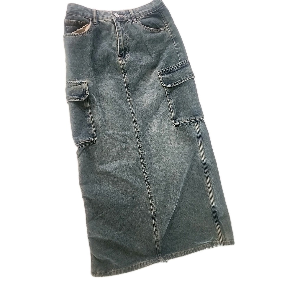 Angel Kiss Cargo Blue Jean Denim Maxi Skirt Y2K Style Back Slit Bungie Size 5/27
